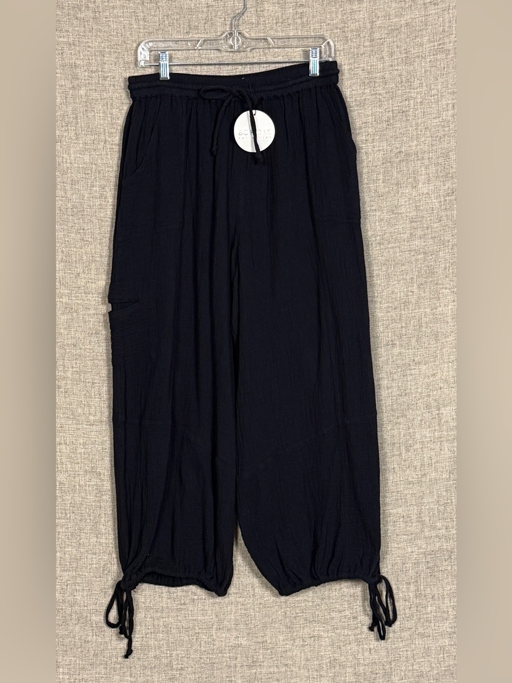 NWT Bohome 100% Cotton Cropped Harem Barrel Leg Gauze Pants in Black NWT
